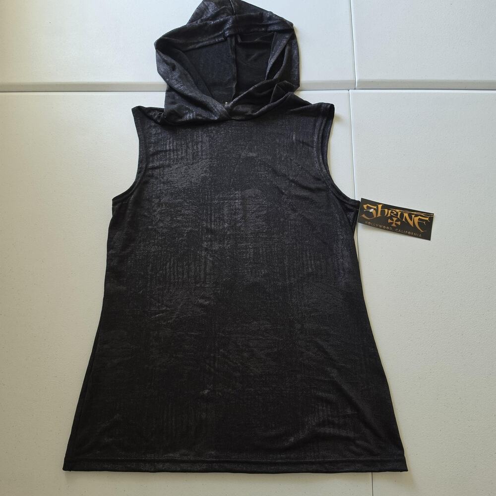Shrine Shirt Mens Large Black Sleeveless Hooded Jersey Tank Stretch Metallic